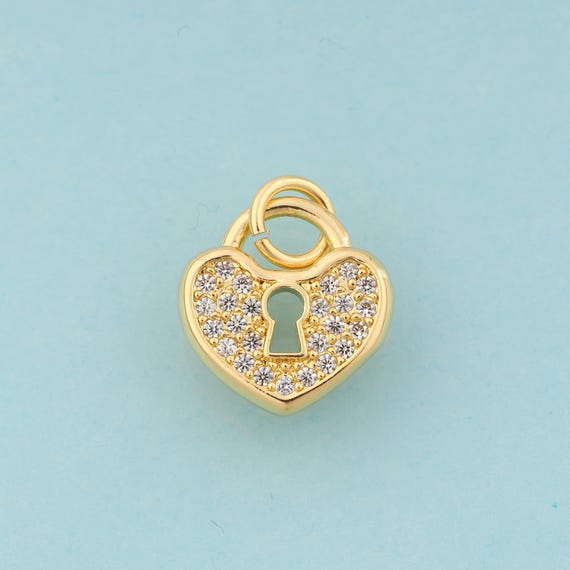 Gold CZ Heart Charms,Lock Jewelry,Lock Pendant for DIY Jewelry Making,18K Gold