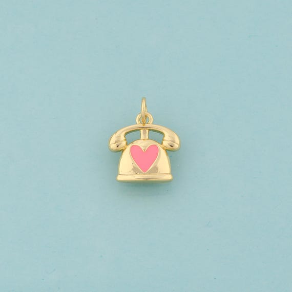 Gold Enamel Telephone Charms,Heart Jewelry,Telephone Pendant for DIY Jewelry Making,18K Gold