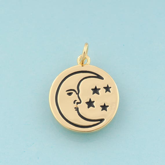 Gold Enamel Moon Charms,Celestial Jewelry,Star Pendant for DIY Jewelry Making,18K Gold