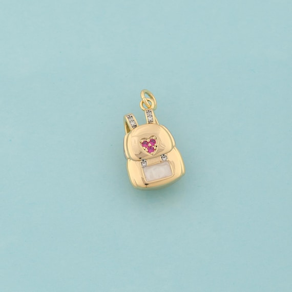 Gold CZ Backpack Charms,Heart Jewelry,Enamel Backpack Pendant for DIY Jewelry Making,18K Gold