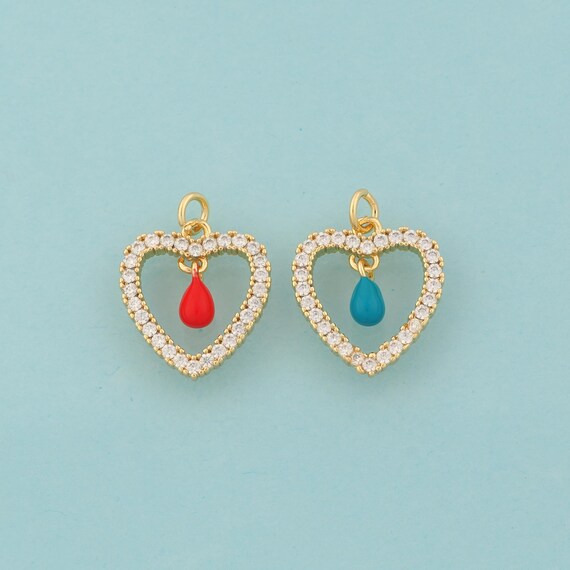Gold CZ Heart Charms,Tear Drop Jewelry,Enamel Love Pendant for DIY Jewelry Making,18K Gold