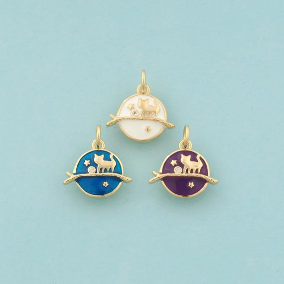 Gold Cat Charms,Animal Jewelry,Enamel Star Pendant for DIY Jewelry Making,18K Gold