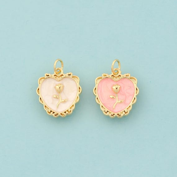 Gold Flower Charms,Mirror Jewelry,Enamel Heart Pendant for DIY Jewelry Making,18K Gold