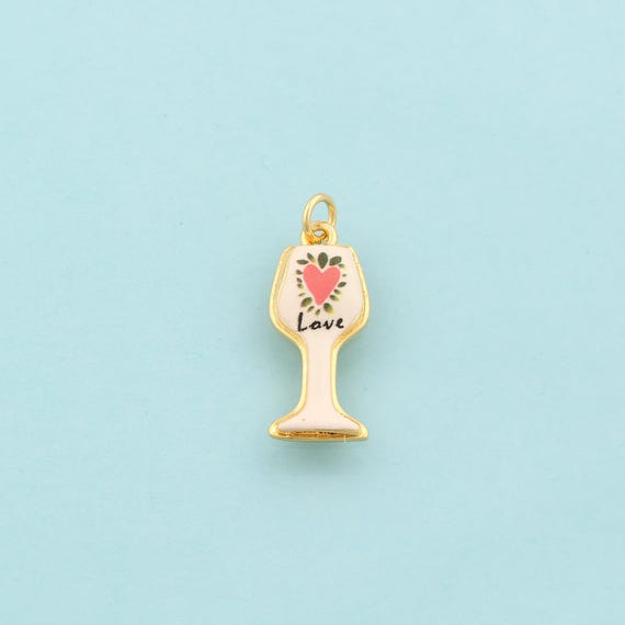 Gold Enamel Goblet Charms,Wine Glass Jewelry,Heart Pendant for DIY Jewelry Making,18K Gold