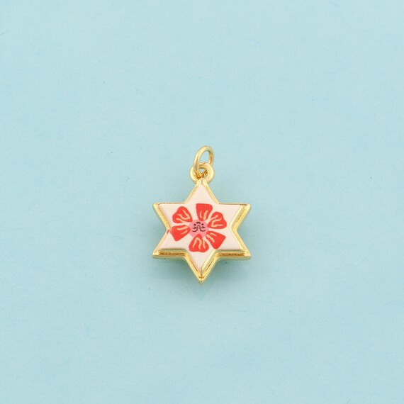 Gold David Star Charms,Jewish Star Jewelry,Enamel Flower Pendant for DIY Jewelry Making,18K Gold