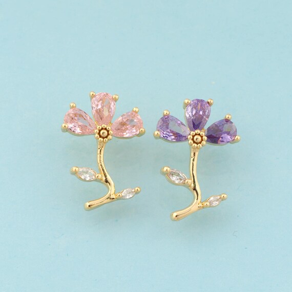 Gold CZ Flower Charms,Plant Jewelry,Flower Pendant for DIY Jewelry Making,18K Gold