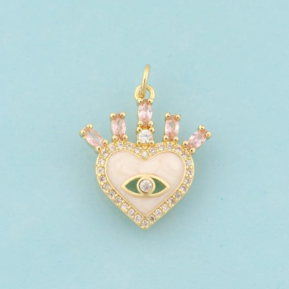 Gold CZ Evil Eye Charms,Devil Eye Jewelry,Enamel Heart Pendant for DIY Jewelry Making,18K Gold