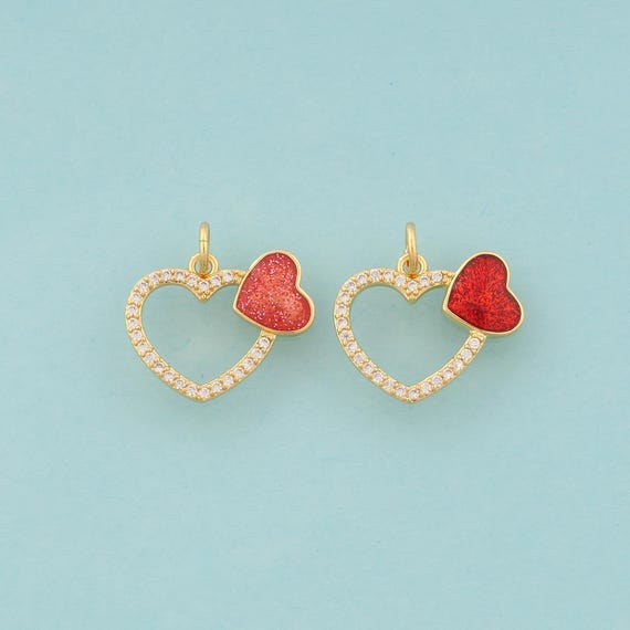 Gold CZ Hollow Heart Charms,Love Jewelry,Enamel Heart Pendant for DIY Jewelry Making,18K Gold