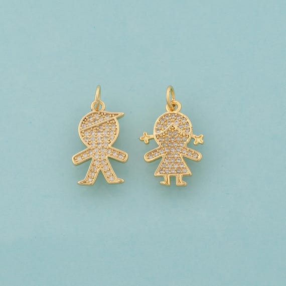 Gold CZ Character Charms,Boy Jewelry,Girl Pendant for DIY Jewelry Making,18K Gold