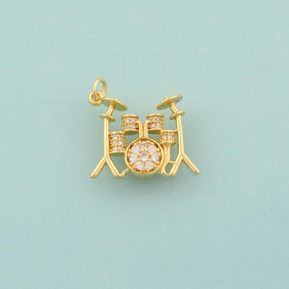 Gold CZ Drum Set Charms,Drum Set Jewelry,Drum Set Pendant for DIY Jewelry Making,18K Gold