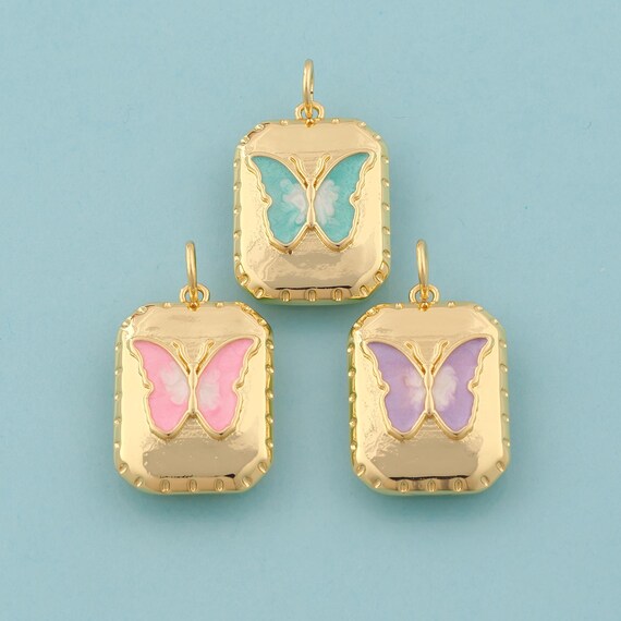 Gold Butterfly Charms,Insect Jewelry,Enamel Square Pendant for DIY Jewelry Making,18K Gold
