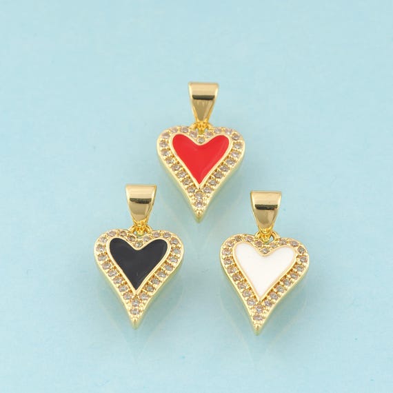 Gold CZ Heart Charms,Minimalist Jewelry,Enamel Heart Pendant for DIY Jewelry Making,18K Gold
