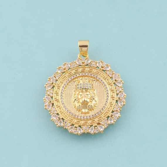 Gold CZ Lion Charms,Animal Jewelry,Crown Pendant for DIY Jewelry Making,18K Gold