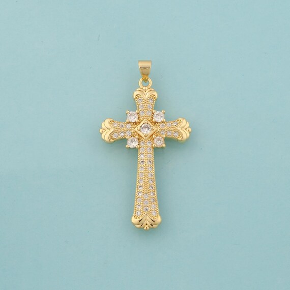 Gold CZ Cross Charms,Religious Jewelry,Christian Pendant for DIY Jewelry Making,18K Gold