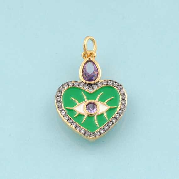 Gold CZ Heart Charms,Evil Eye Jewelry,Enamel Devil Eye Pendant for DIY Jewelry Making,18K Gold