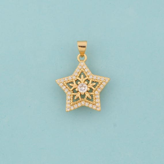Gold CZ Star Charms,Snowflake Jewelry,Star Pendant for DIY Jewelry Making,18K Gold