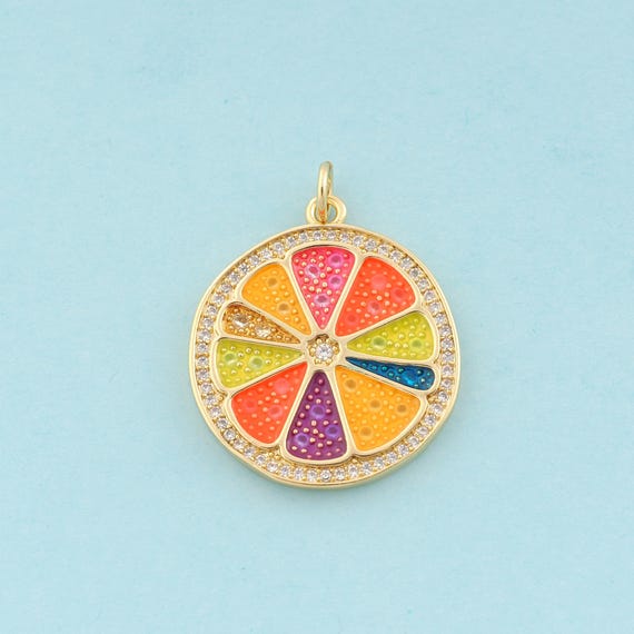 Gold CZ Orange Slices Charms,Fruit Jewelry,Enamel Orange Slices Pendant for DIY Jewelry Making,18K Gold