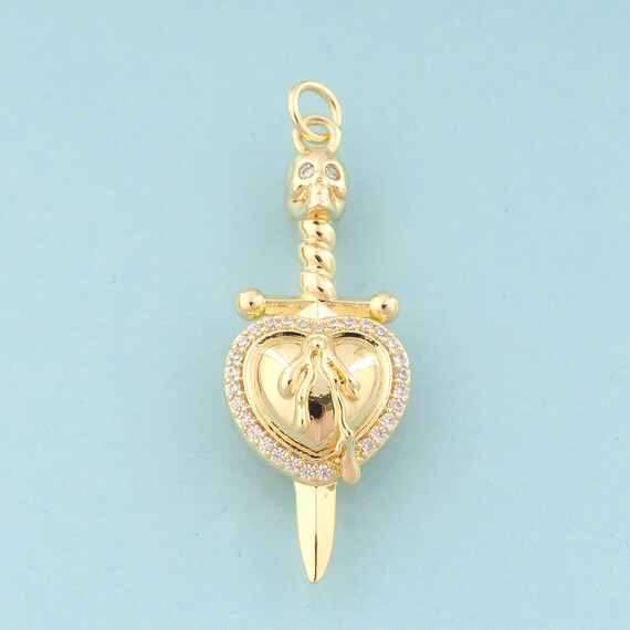 Gold CZ Weapon Charms,Skull Jewelry,Heart Pendant for DIY Jewelry Making,18K Gold