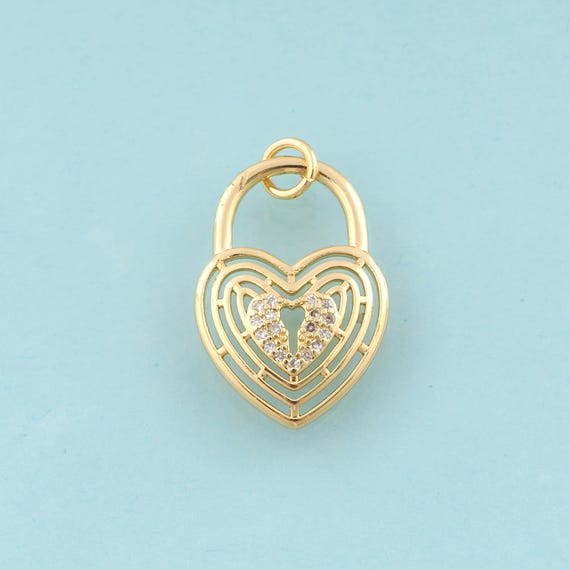 Gold CZ Heart Charms,Lock Jewelry,Heart Pendant for DIY Jewelry Making,18K Gold