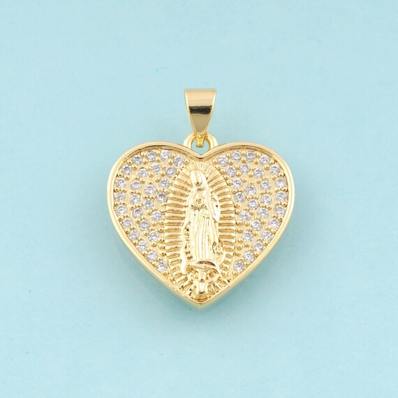 Gold CZ Virgin Mary Charms,Religious Jewelry,Heart Pendant for DIY Jewelry Making,18K Gold