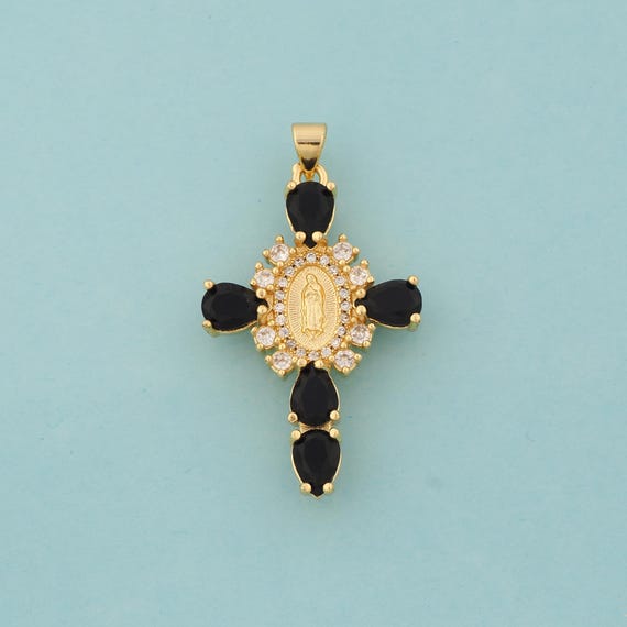 Gold CZ Cross Charms,Religious Jewelry,Virgin Mary Pendant for DIY Jewelry Making,18K Gold