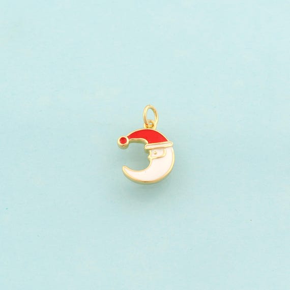 Gold Christmas Hat Charms,Christmas Jewelry,Enamel Crescent Moon Pendant for DIY Jewelry Making,18K Gold