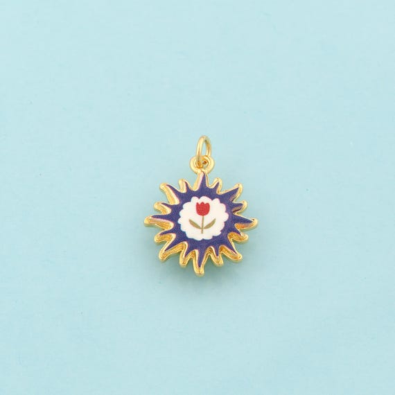 Gold Sun Charms,Flower Jewelry,Enamel Sunburst Pendant for DIY Jewelry Making,18K Gold