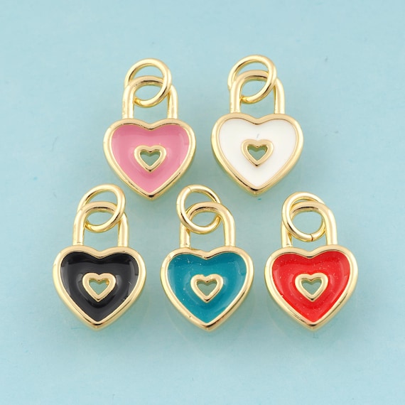 Gold Enamel Heart Charms,Lock Jewelry,Heart Pendant for DIY Jewelry Making,18K Gold