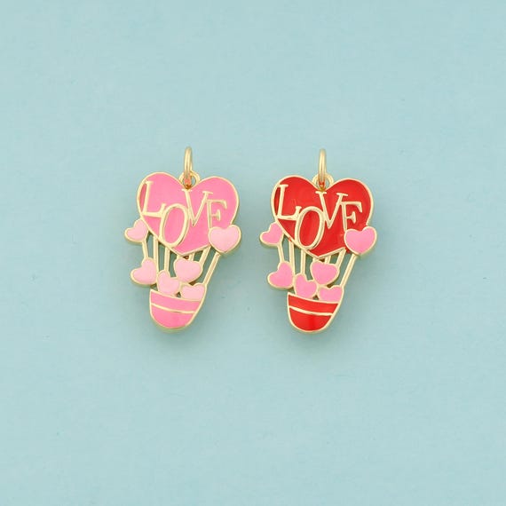 Gold Hot Air Balloon Charms,Heart Jewelry,Enamel Love Pendant for DIY Jewelry Making,18K Gold