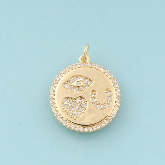Gold CZ Evil Eye Charms,Round Jewelry,Heart Pendant for DIY Jewelry Making,18K Gold