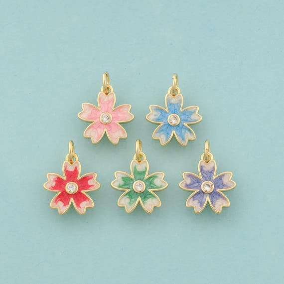 Gold CZ Flower Charms,Flower Jewelry,Enamel Flower Pendant for DIY Jewelry Making,18K Gold