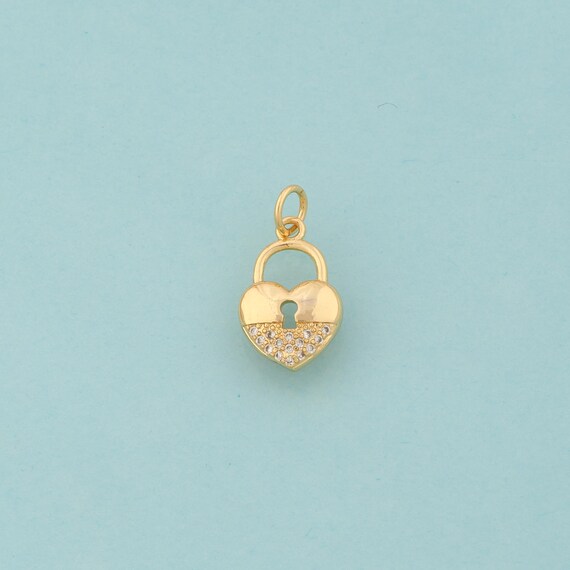 Gold CZ Heart Charms,Love Jewelry,Lock Pendant for DIY Jewelry Making,18K Gold