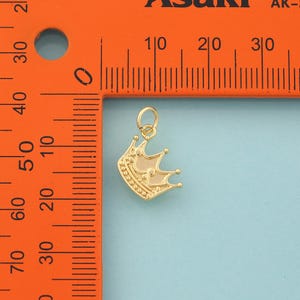 Op de afbeelding: Een goudkleurige kroonbedel met een lus aan de bovenkant om aan een ketting of armband te bevestigen. De kroon heeft een gedetailleerd ontwerp met kleine ronde accenten en drie prominente punten. De bedel is ongeveer 1,3 cm hoog.