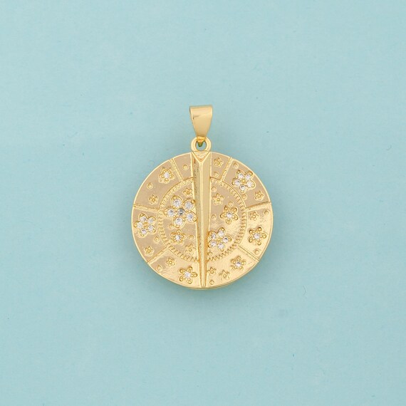 Gold CZ Flower Charms,Disc Jewelry,Round Pendant for DIY Jewelry Making,18K Gold