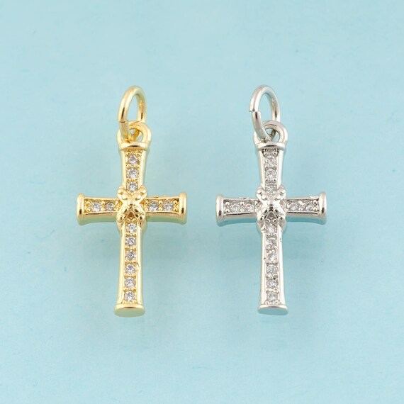 Gold CZ Cross Charms,Religious Jewelry,Christian Pendant for DIY Jewelry Making,18K Gold & Rhodium