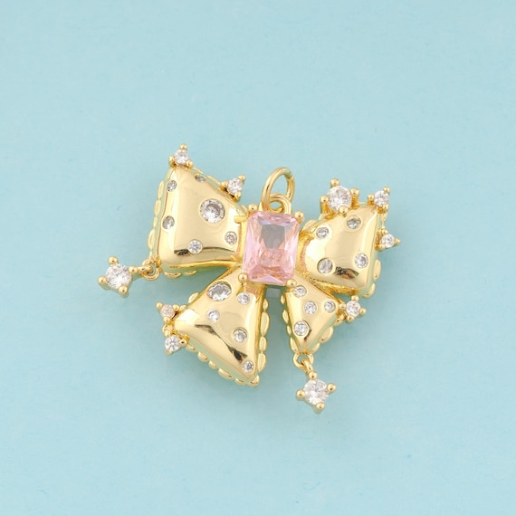 Gold CZ Bow Charms,Bow Jewelry,Bow Pendant for DIY Jewelry Making,18K Gold