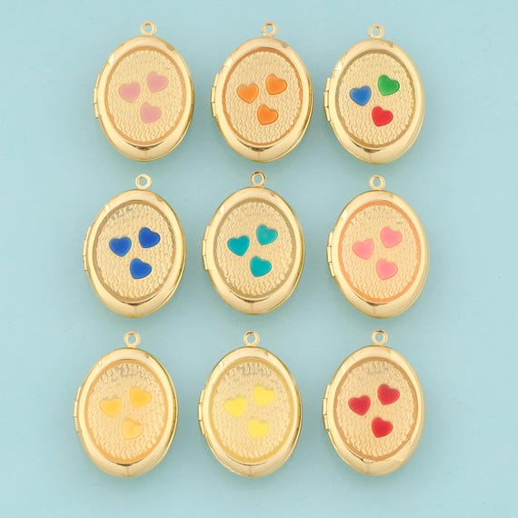 Gold Enamel Heart Charms,Photo Frame Jewelry,Oval Pendant for DIY Jewelry Making,18K Gold