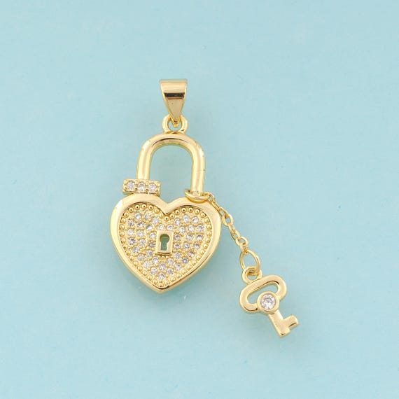 Gold CZ Lock Charms,Key Jewelry,Heart Pendant for DIY Jewelry Making,18K Gold