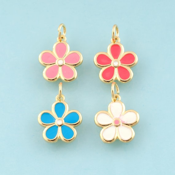 Gold Enamel Flower Charms,Plant Jewelry,Flower Pendant for DIY Jewelry Making,18K Gold