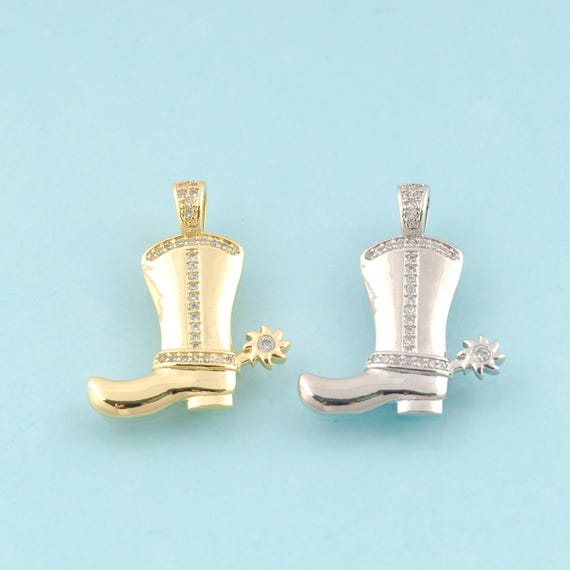 Gold CZ Cowboy Boot Charms,Boot Jewelry,Cowboy Boot Pendant for DIY Jewelry Making,18K Gold & Rhodium