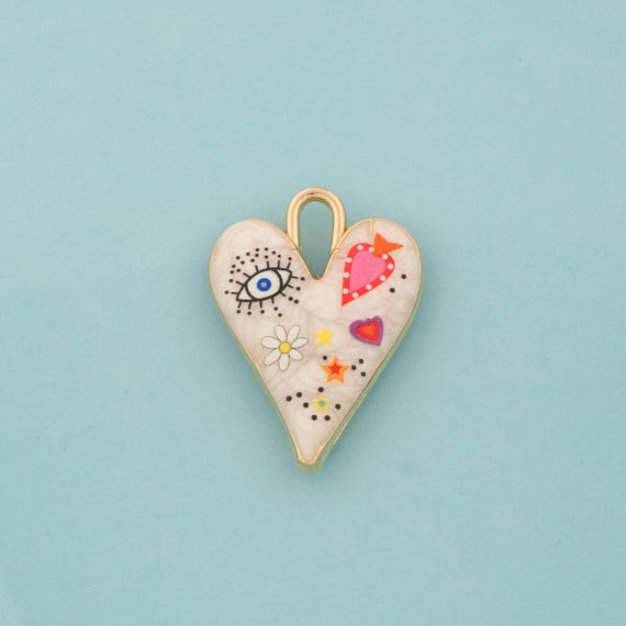 Gold Enamel Heart Charms,Evil Eye Jewelry,Flower Pendant for DIY Jewelry Making,18K Gold