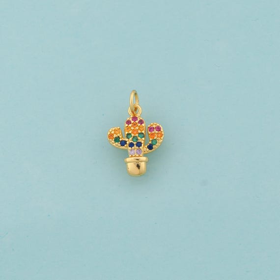 Gold CZ Cactus Charms,Plant Jewelry,Desert Pendant for DIY Jewelry Making,18K Gold