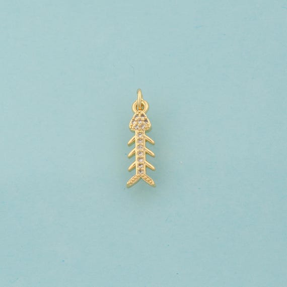 Gold CZ Fishbone Charms,Fishbone Jewelry,Fishbone Pendant for DIY Jewelry Making,18K Gold