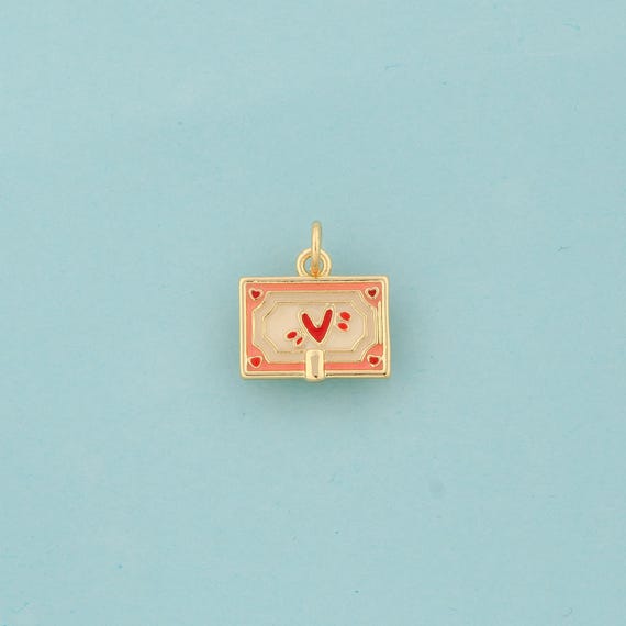 Gold Enamel Heart Charms,Sqare Jewelry,Postcard Pendant for DIY Jewelry Making,18K Gold
