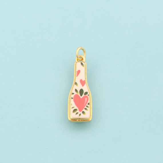 Gold Enamel Wine Bottle Charms,Heart Jewelry,Wine Bottle Pendant for DIY Jewelry Making,18K Gold