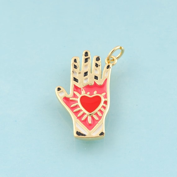 Gold Enamel Hand Charms,Heart Jewelry,Hand Pendant for DIY Jewelry Making,18K Gold