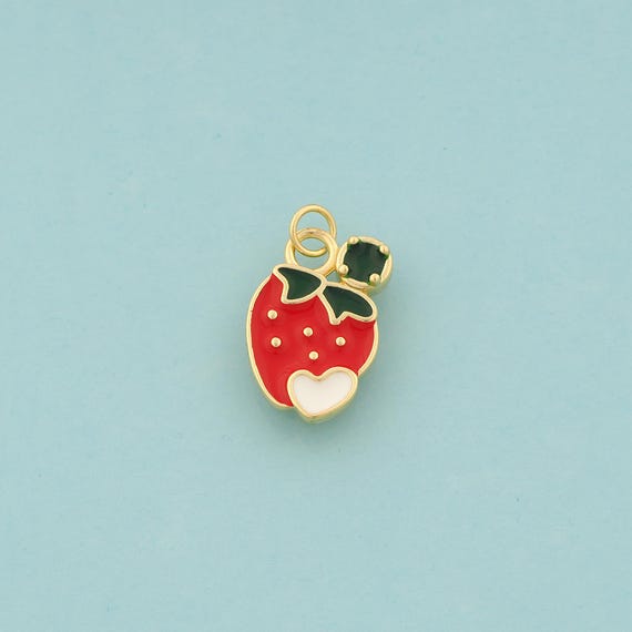 Gold Strawberry Charms,Fruit Jewelry,Enamel Heart Pendant for DIY Jewelry Making,18K Gold