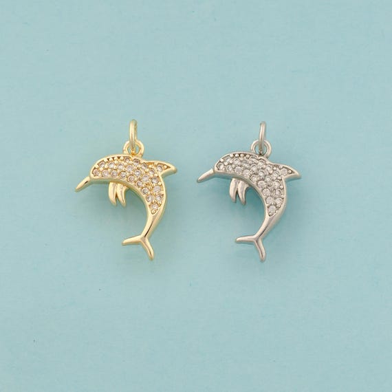 Gold CZ Dolphin Charms,Marine Life Jewelry,Dolphin Pendant for DIY Jewelry Making,18K Gold