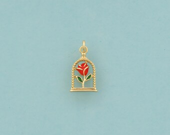 Dijes de rosa roja dorada, joyería floral, colgante de rosa esmaltada para hacer joyas DIY, oro de 18 quilates