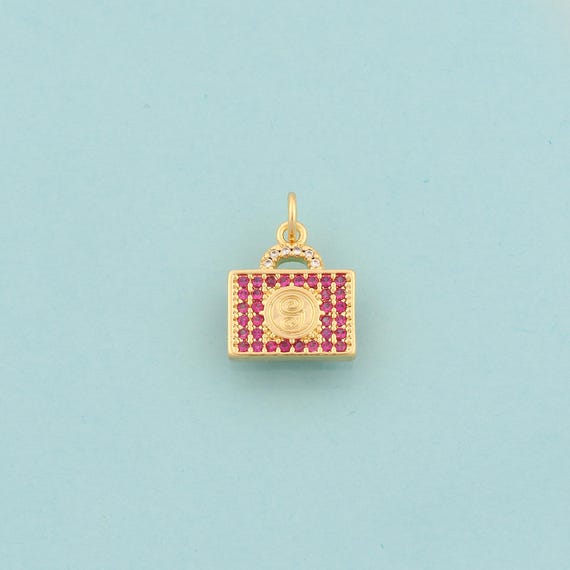 Gold CZ Suitcase Charms,Suitcase Jewelry,Suitcase Pendant for DIY Jewelry Making,18K Gold